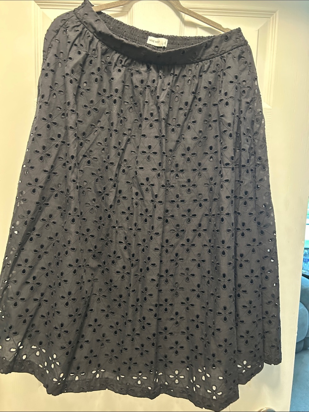Nine West Navy Eyelet A-Line Midi Skirt